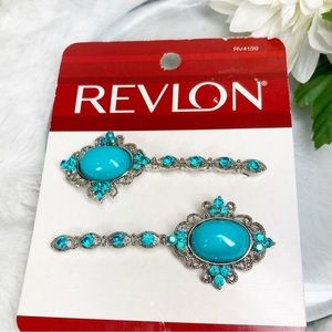 Revlon Filigree Turquoise Cabochon and Rhinestones Barrettes Set of Two NEW